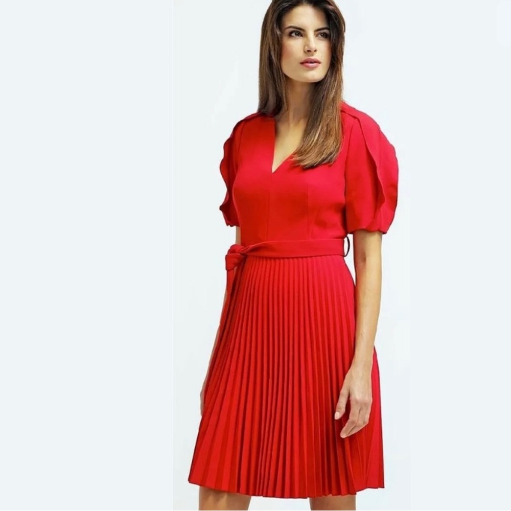 Karen Millen red puff  sleeve belted pleat dress ❣️